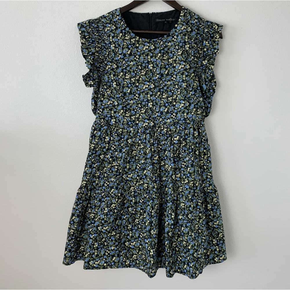English Factory Blue Floral Printed Babydoll Mini Dress with Ruffle Sleeves